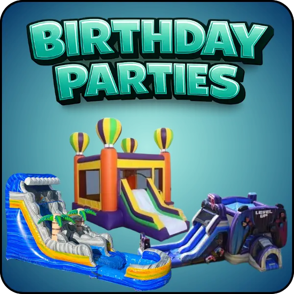 Birthday party inflatable rentals in Jacksonville NC featuring water slides and bounce house combos by Elevation Inflatables.