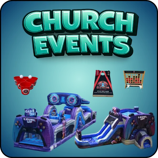 Church event rentals in Jacksonville NC featuring inflatable obstacle courses, inflatable slides, yard games, and interactive party games by Elevation Inflatables.