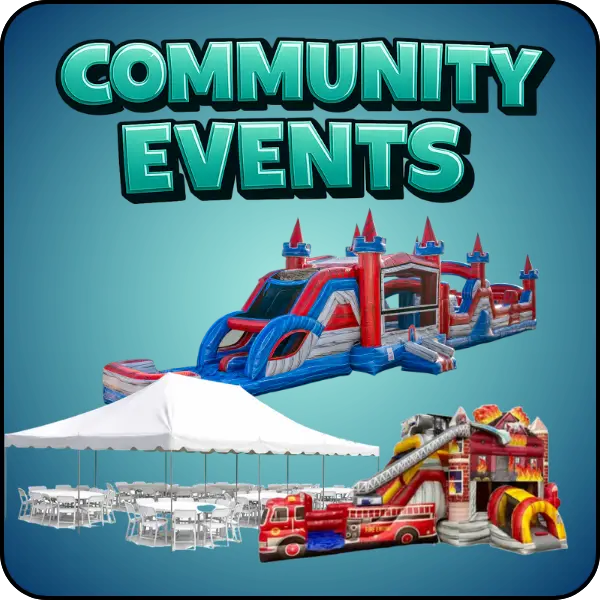 Community event rentals in Jacksonville NC featuring inflatable obstacle course, fire truck bounce house combo, and large white event tent with tables and chairs by Elevation Inflatables.