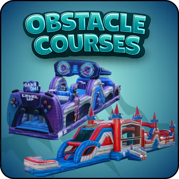 Inflatable obstacle course rentals in Jacksonville NC featuring purple game-themed course and red blue castle obstacle course by Elevation Inflatables.
