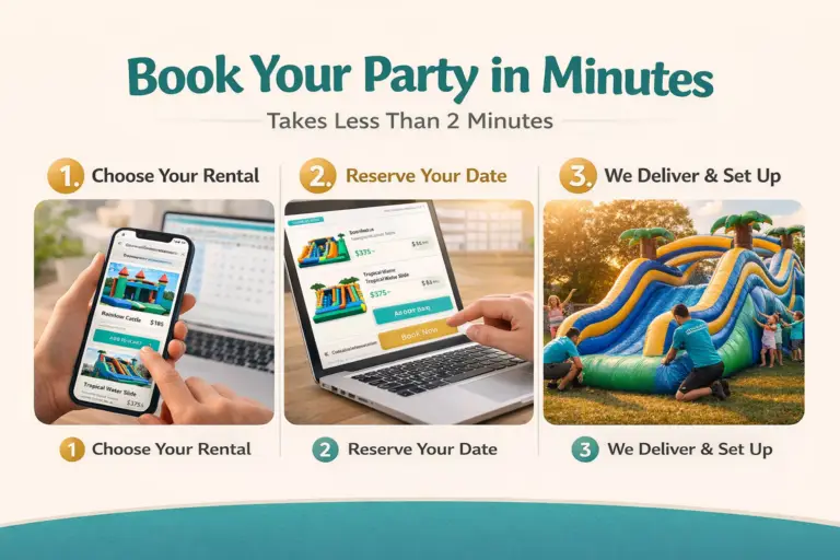 How to book bounce house and water slide rentals in Jacksonville NC showing online booking process and inflatable setup