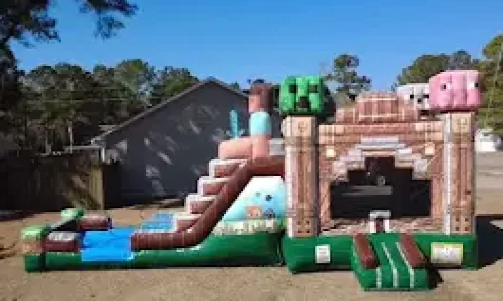 Pixelated bounce house with slide rental in Jacksonville NC