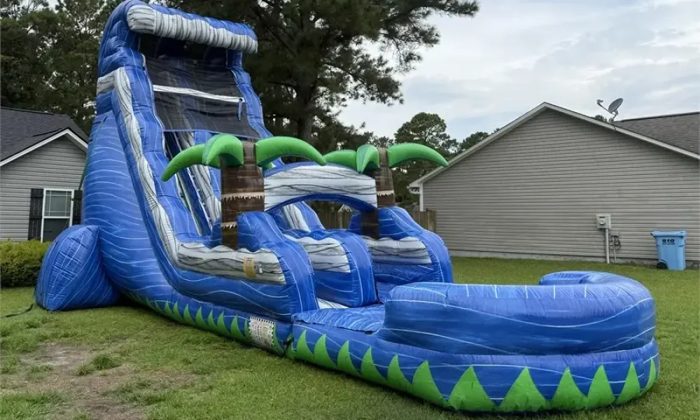Palmetto Cyclone inflatable water slide rental set up in a Jacksonville, NC backyard by Elevation Inflatables
